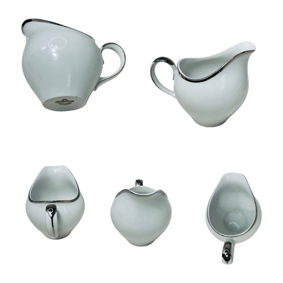 Harmony House Moderne Platinum Trim 4 Cups and Saucers & Creamer Japan No. 3545 - Picture 11 of 16